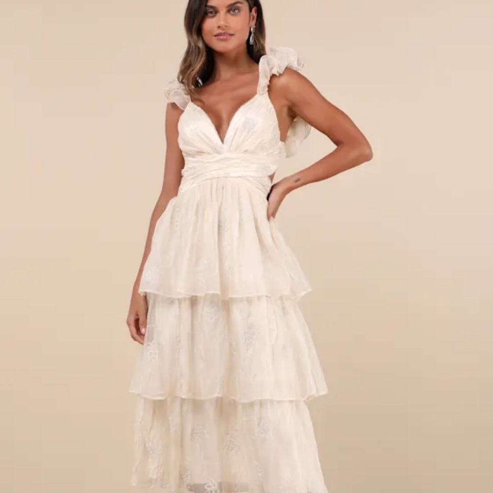 Whimsical Aura Champagne Embroidered Ruffled Lace-up Midi Dress - Picture 2 of 8
